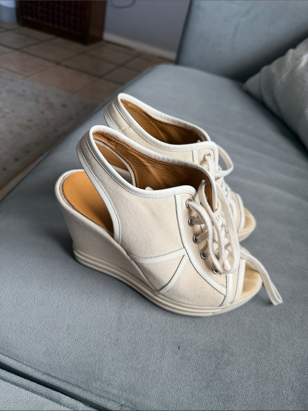 Ralph Lauren Cream Lace-Up Slingback Wedge Sandals
